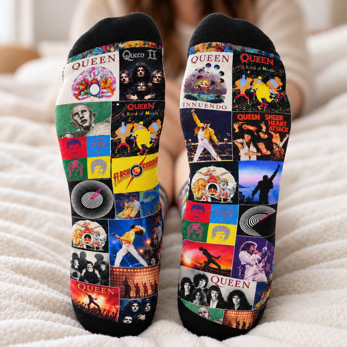 Queen Classic Rock Collage Middle Tube Socks - Vintage Album Art & Freddie Mercury Wembley Live Silhouette Printed Crew Socks - Comfortable Music Fan Novelty Gift
