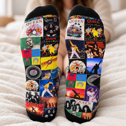 Queen Classic Rock Collage Middle Tube Socks - Vintage Album Art & Freddie Mercury Wembley Live Silhouette Printed Crew Socks - Comfortable Music Fan Novelty Gift