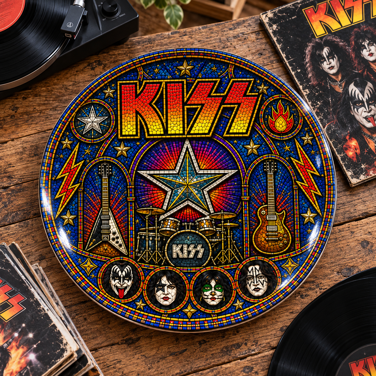 KISS Stained Glass Ceramic Plate - Decorative Wall & Table Display Dish, Rock Band Makeup Face Icons Fan Gift