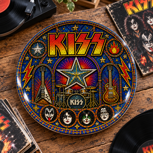 KISS Stained Glass Ceramic Plate - Decorative Wall & Table Display Dish, Rock Band Makeup Face Icons Fan Gift