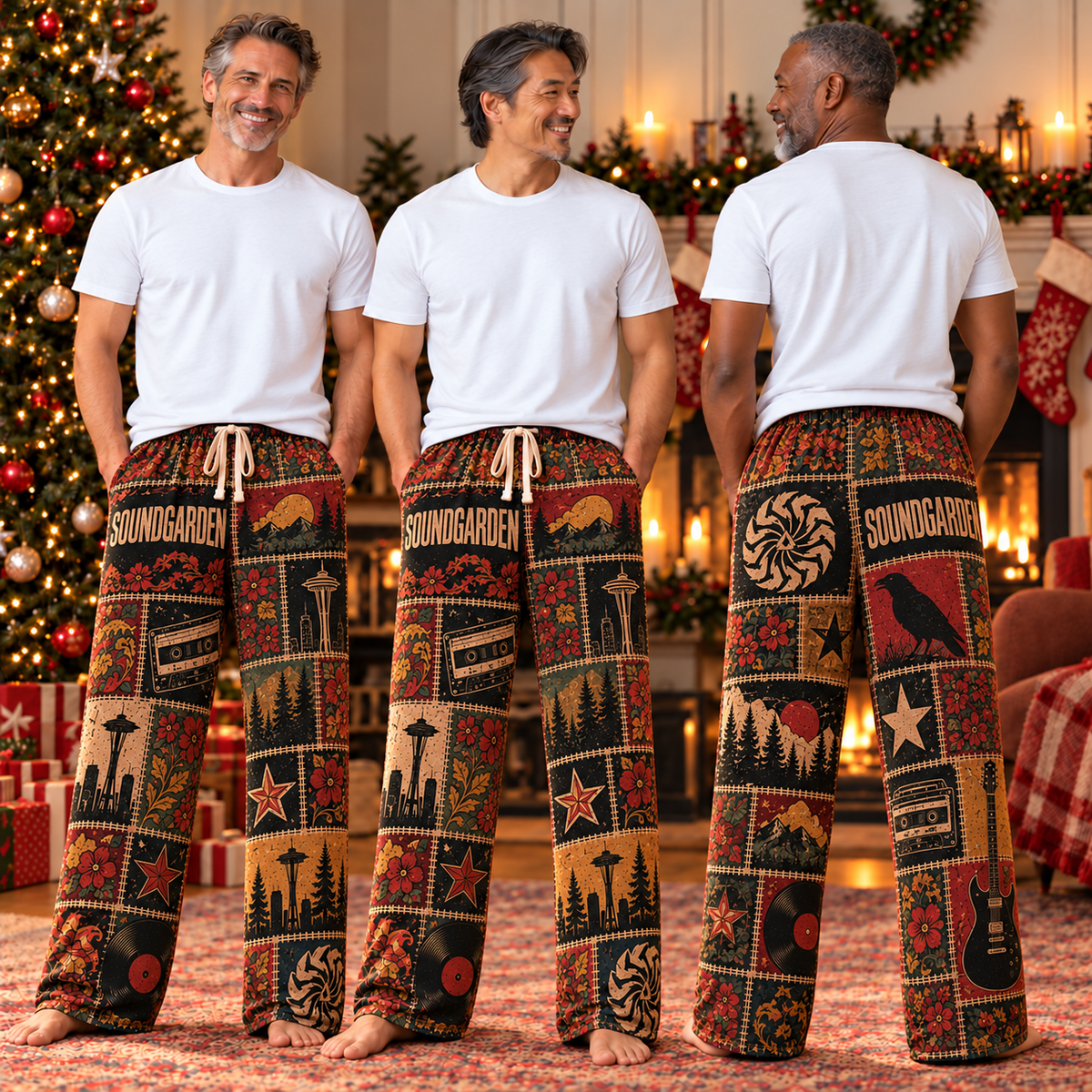 Soundgarden Pajama Pants - Retro Patchwork Cassette Tape, Vinyl Record & Pacific Northwest Forest Art Sleepwear - Comfortable Pajama Pants for Music Fans