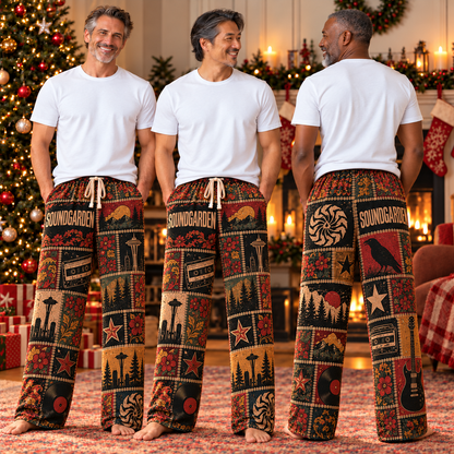 Soundgarden Pajama Pants - Retro Patchwork Cassette Tape, Vinyl Record & Pacific Northwest Forest Art Sleepwear - Comfortable Pajama Pants for Music Fans