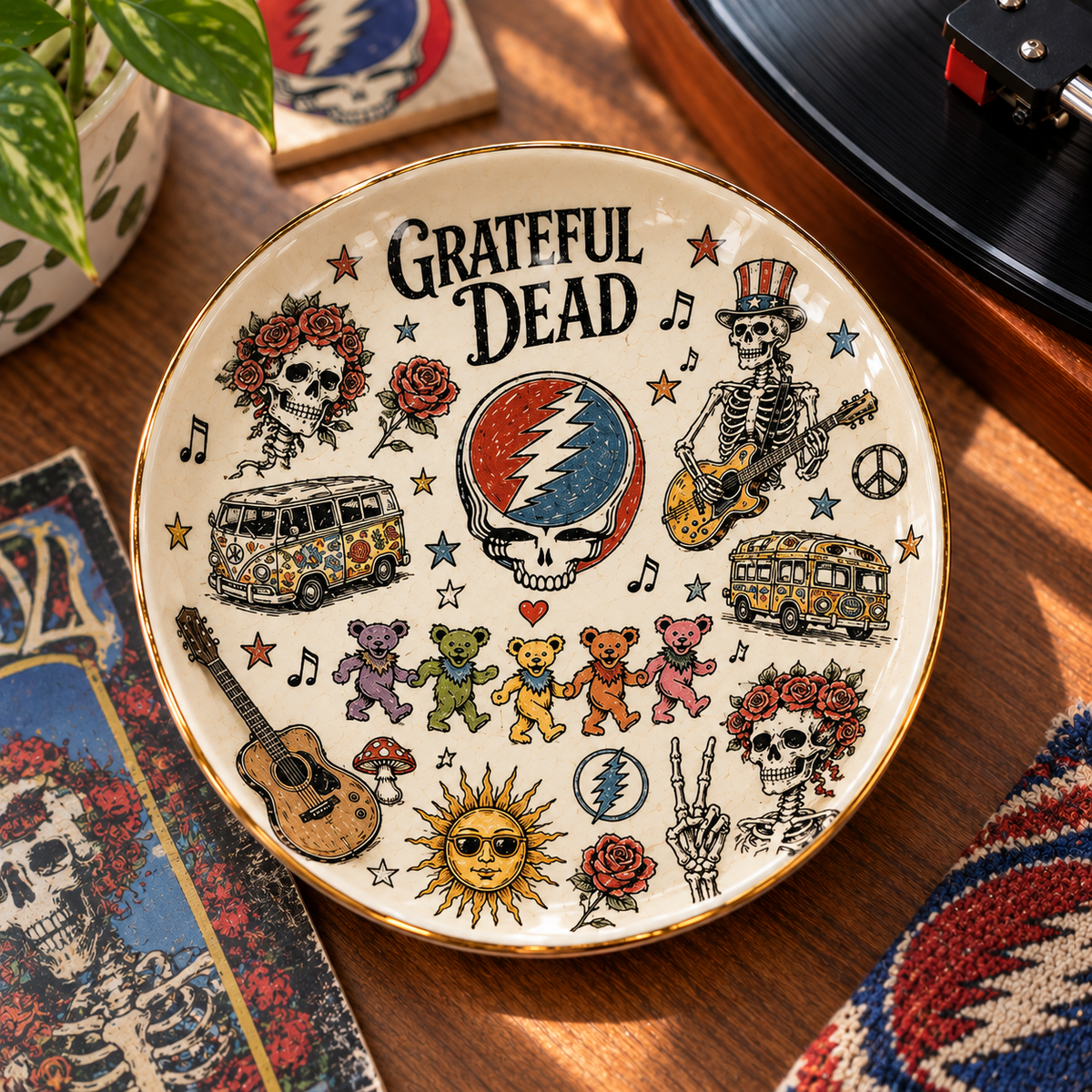 Grateful Dead Sketch Art Jewelry Dish - Ceramic Trinket Tray, Steal Your Face Ring Holder, Retro Rock Band Fan Gift