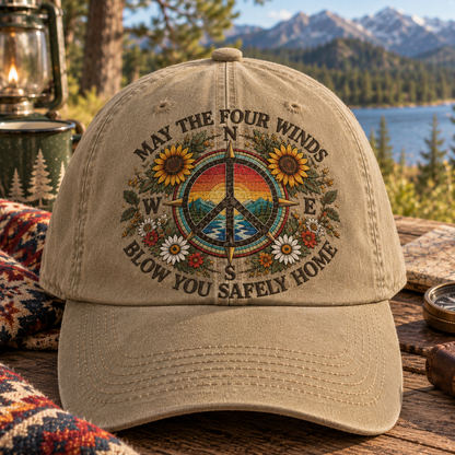 May the Four Winds Blow You Safely Home Denim Cap, Grateful Dead Inspired Cap, Peace Sign Compass Hat, Hippie Sunflower Gift, Boho Outdoor Cap