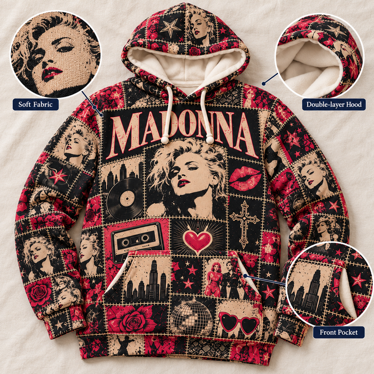 Madonna Patchwork Hoodie – Vintage Queen of Pop Graphic Pullover, Retro 80s Music Sweatshirt, Madonna Fan Gift, Iconic Pop Star Unisex Hoodie