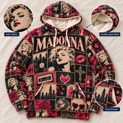 Madonna Patchwork Hoodie – Vintage Queen of Pop Graphic Pullover, Retro 80s Music Sweatshirt, Madonna Fan Gift, Iconic Pop Star Unisex Hoodie