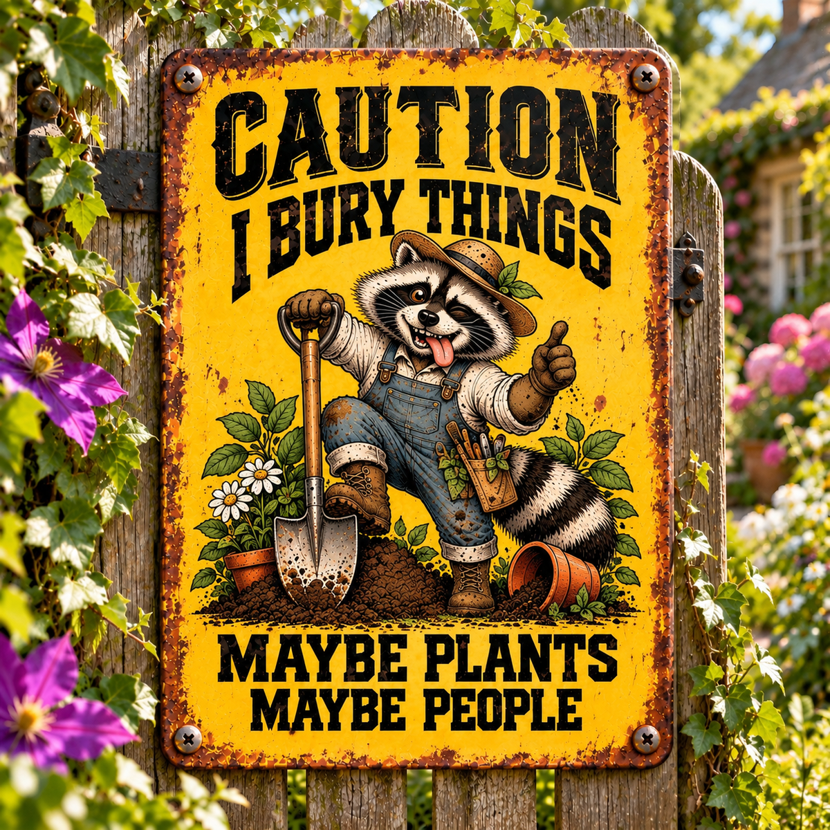 Funny Raccoon Garden Metal Sign, Caution I Bury Things Maybe Plants Maybe People, Raccoon Gardener Decor, Rustic Yard Sign, Garden Lover Gift