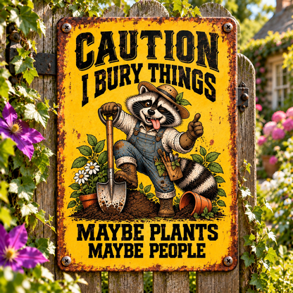 Funny Raccoon Garden Metal Sign, Caution I Bury Things Maybe Plants Maybe People, Raccoon Gardener Decor, Rustic Yard Sign, Garden Lover Gift