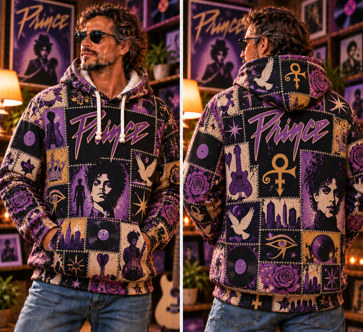 Prince Patchwork Hoodie – Vintage Purple Rain Graphic Pullover, Retro 80s Funk Rock Sweatshirt, Purple and Gold Music Hoodie