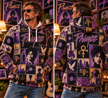 Prince Patchwork Hoodie – Vintage Purple Rain Graphic Pullover, Retro 80s Funk Rock Sweatshirt, Purple and Gold Music Hoodie
