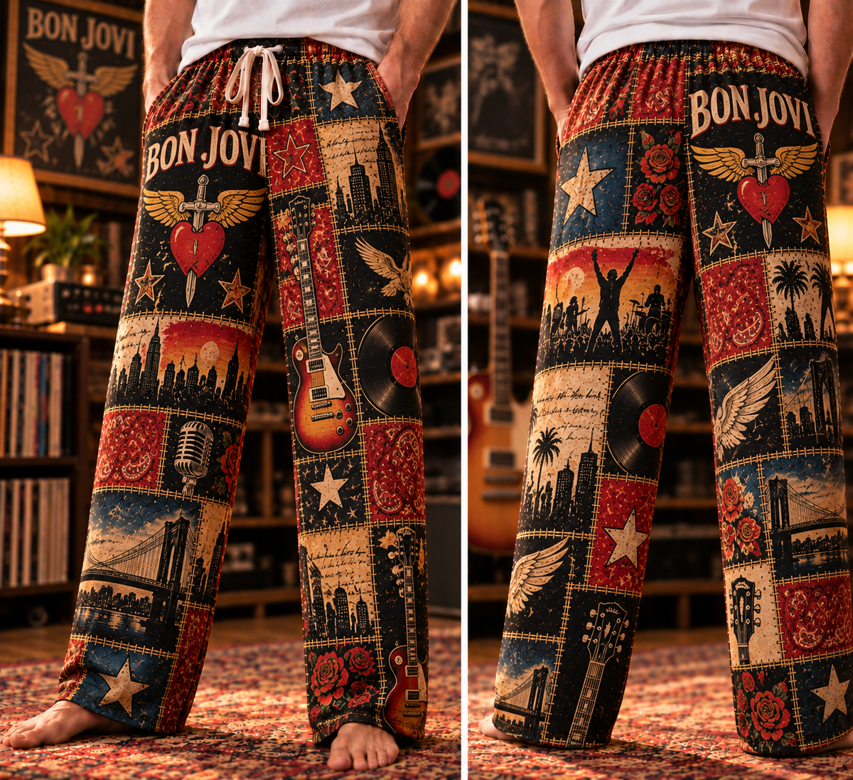 Bon Jovi Pajama Pants - Patchwork Classic Rock Art Sleepwear | Comfortable Music Fan Lounge Pants