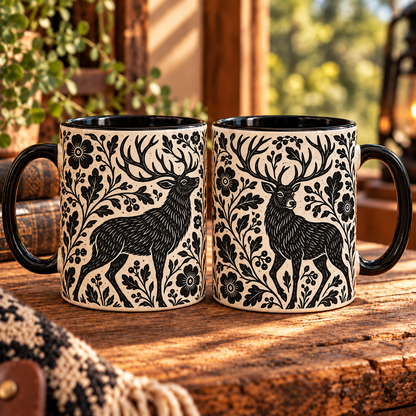 Stag Botanical Linocut Ceramic Mug - Botanical Folk Art Black and White Wildlife Mug, Black Linocut Wildlife Tea Cup