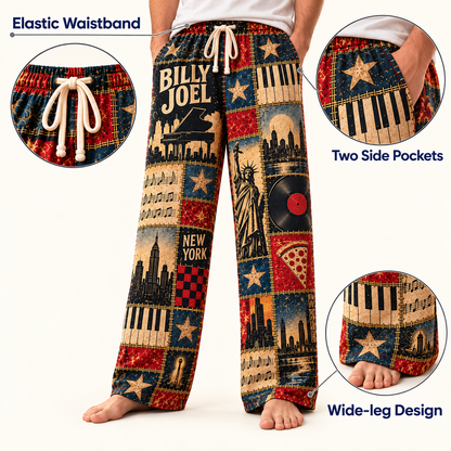 Billy Joel Pajama Pants - Patchwork Piano Man & NYC Art Sleepwear | Comfortable Music Fan Lounge Pants