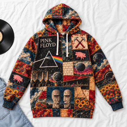 Pink Floyd Patchwork Hoodie – Vintage Dark Side of the Moon Graphic Pullover, Retro Psychedelic Rock Band Hoodie, Pink Floyd Fan Gift