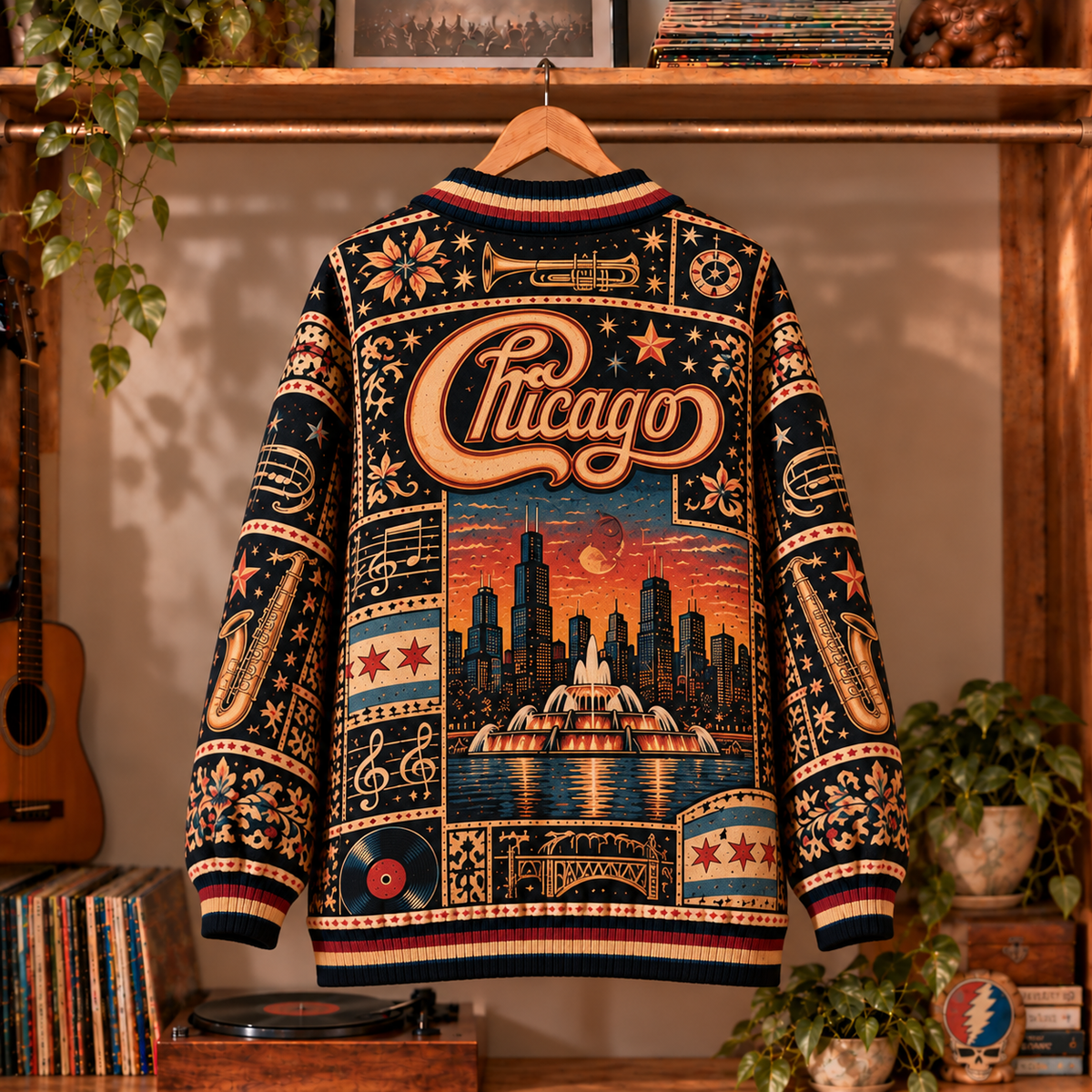 Chicago Band Retro Graphic Cardigan - Vintage Rock Knit Outerwear, Classic Rock Band Fan Apparel & Fashion Style Gift