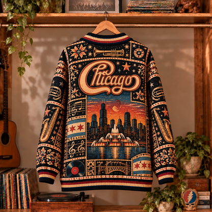 Chicago Band Retro Graphic Cardigan - Vintage Rock Knit Outerwear, Classic Rock Band Fan Apparel & Fashion Style Gift