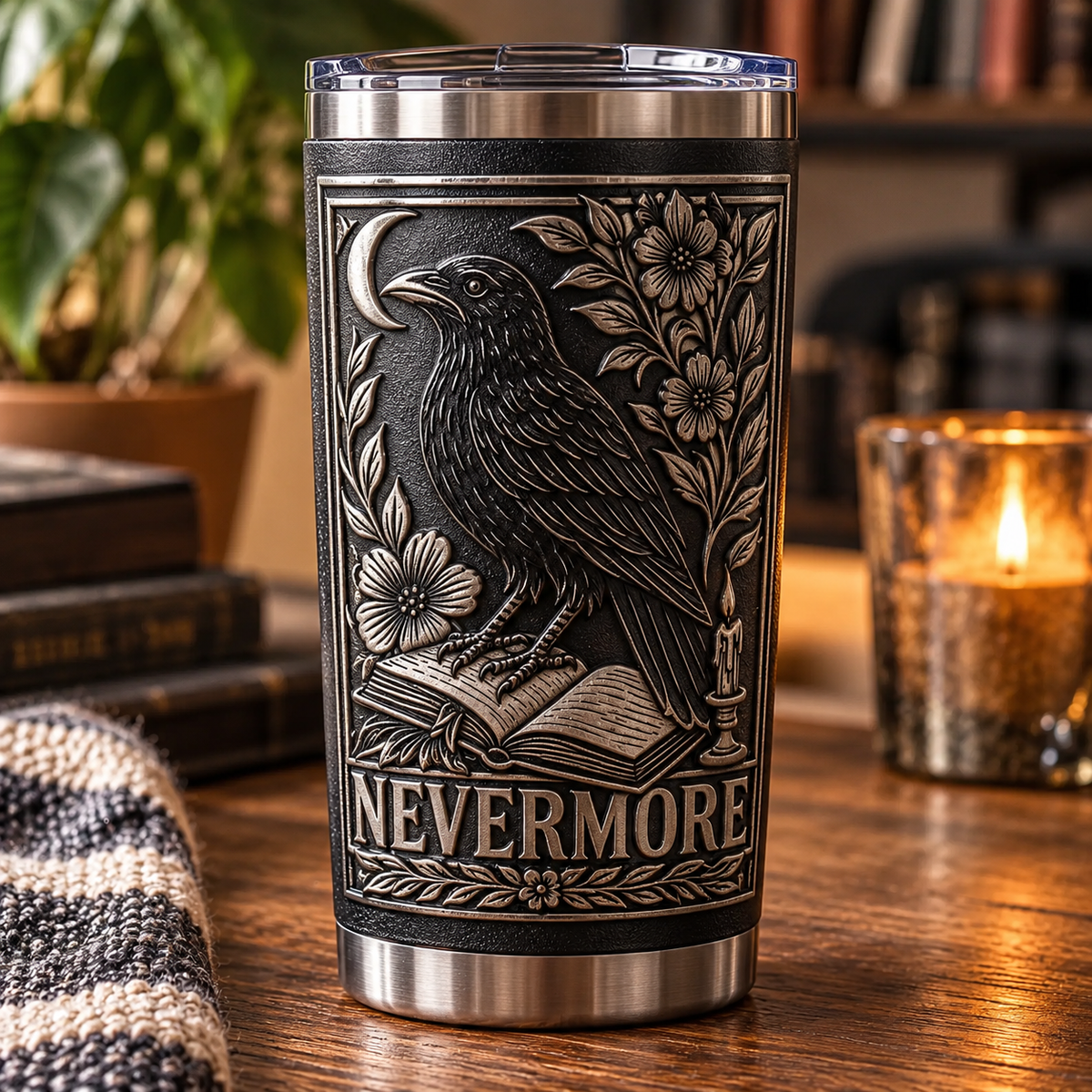 Nevermore Raven 3D Printed Tumbler – Gothic Edgar Allan Poe Inspired Stainless Steel Travel Cup, Vintage Raven & Moon Design, Dark Academia Gift for Book Lovers
