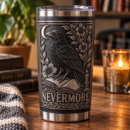 Nevermore Raven 3D Printed Tumbler – Gothic Edgar Allan Poe Inspired Stainless Steel Travel Cup, Vintage Raven & Moon Design, Dark Academia Gift for Book Lovers