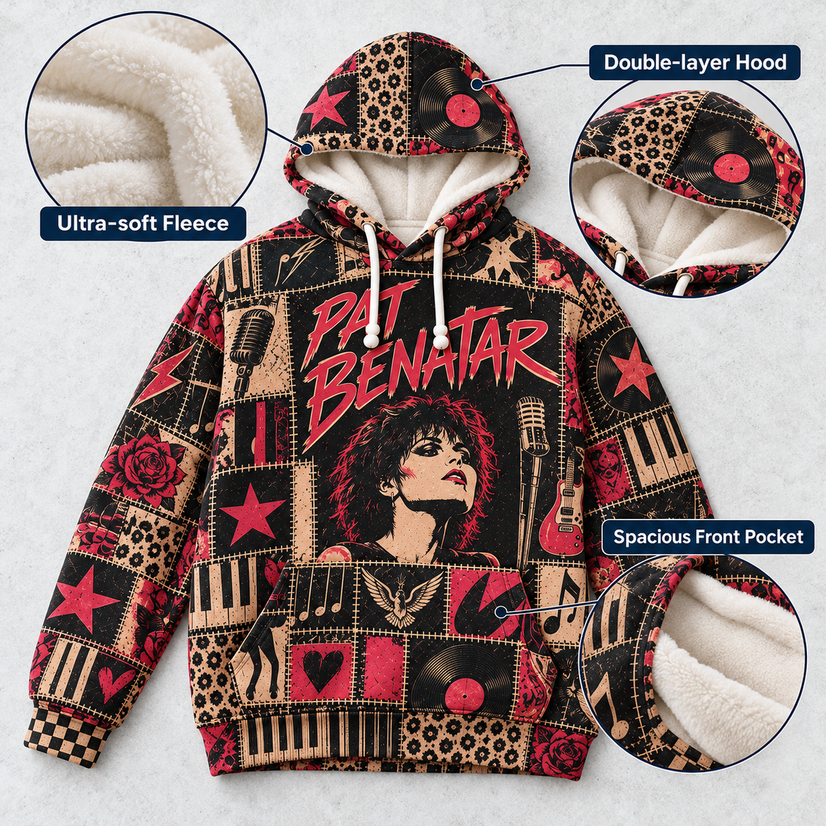 Pat Benatar Patchwork Hoodie – Vintage 80s Rock Graphic Pullover, Retro Rock Queen Sweatshirt, Soft Fleece-Lined Hoodie, Classic Rock Fan Gift, Unisex Music Hoodie