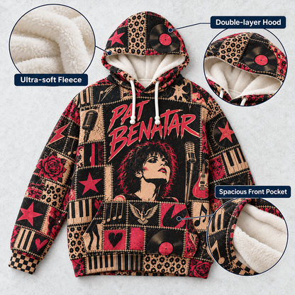 Pat Benatar Patchwork Hoodie – Vintage 80s Rock Graphic Pullover, Retro Rock Queen Sweatshirt, Soft Fleece-Lined Hoodie, Classic Rock Fan Gift, Unisex Music Hoodie