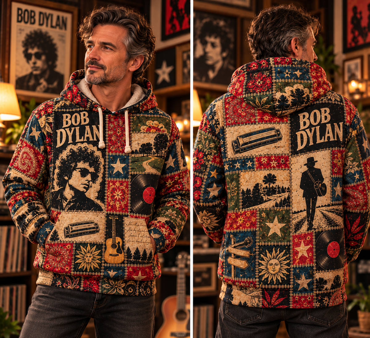 Bob Dylan Patchwork Sherpa Hoodie – Vintage Folk Rock Pullover, Retro Floral Graphic Hoodie, Ultra Soft Fleece, Bob Dylan Fan Gift
