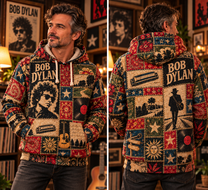 Bob Dylan Patchwork Sherpa Hoodie – Vintage Folk Rock Pullover, Retro Floral Graphic Hoodie, Ultra Soft Fleece, Bob Dylan Fan Gift