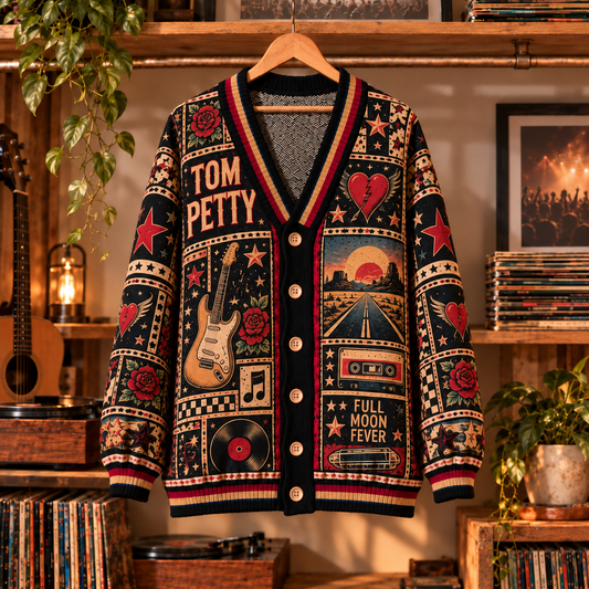 Tom Petty Retro Graphic Cardigan - Vintage Rock Legend Knit Outerwear, Heartbreakers Fan Apparel & Fashion Style Gift