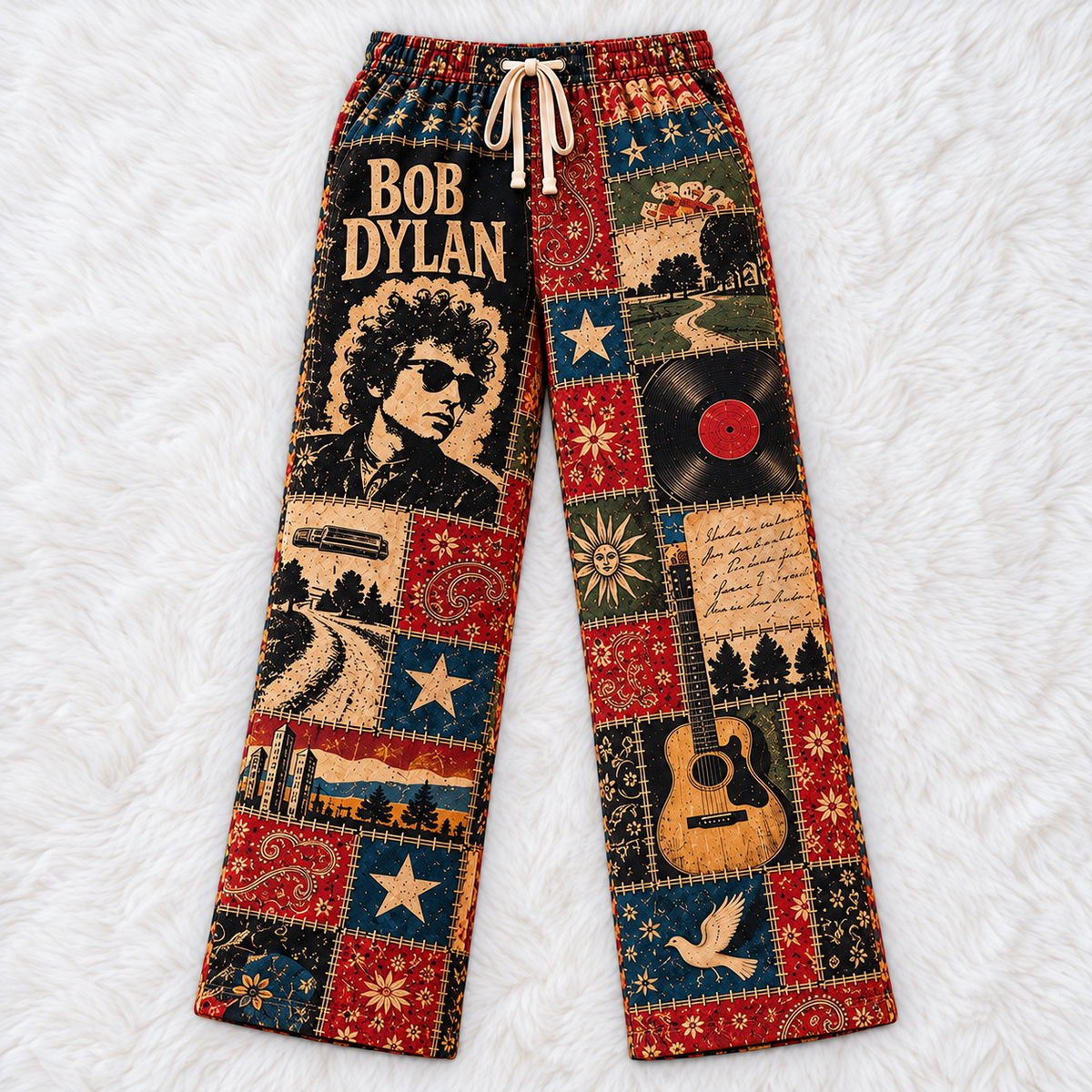 Bob Dylan Pajama Pants - Patchwork Folk Rock Art Sleepwear | Comfortable Music Fan Pajama Pants