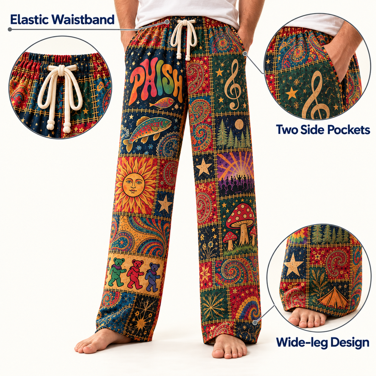 Phish Classic Jam Band Pajama Pants - Retro Patchwork Fish Art, Donut Pattern & Tie-Dye Sleepwear - Comfortable Pajama Bottoms for Music Fans & Collectors Gift
