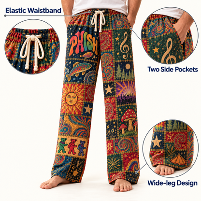 Phish Classic Jam Band Pajama Pants - Retro Patchwork Fish Art, Donut Pattern & Tie-Dye Sleepwear - Comfortable Pajama Bottoms for Music Fans & Collectors Gift