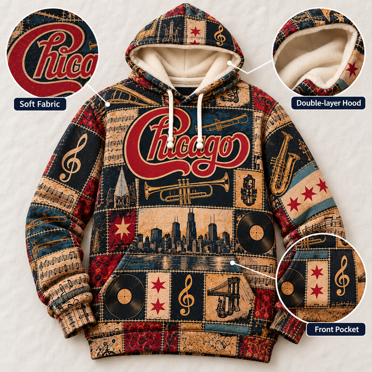 Chicago Band Patchwork Hoodie – Vintage Classic Rock Graphic Pullover, Retro 70s 80s Music Hoodie, Chicago Fan Gift