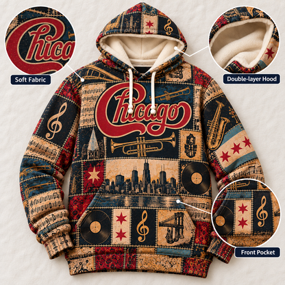 Chicago Band Patchwork Hoodie – Vintage Classic Rock Graphic Pullover, Retro 70s 80s Music Hoodie, Chicago Fan Gift