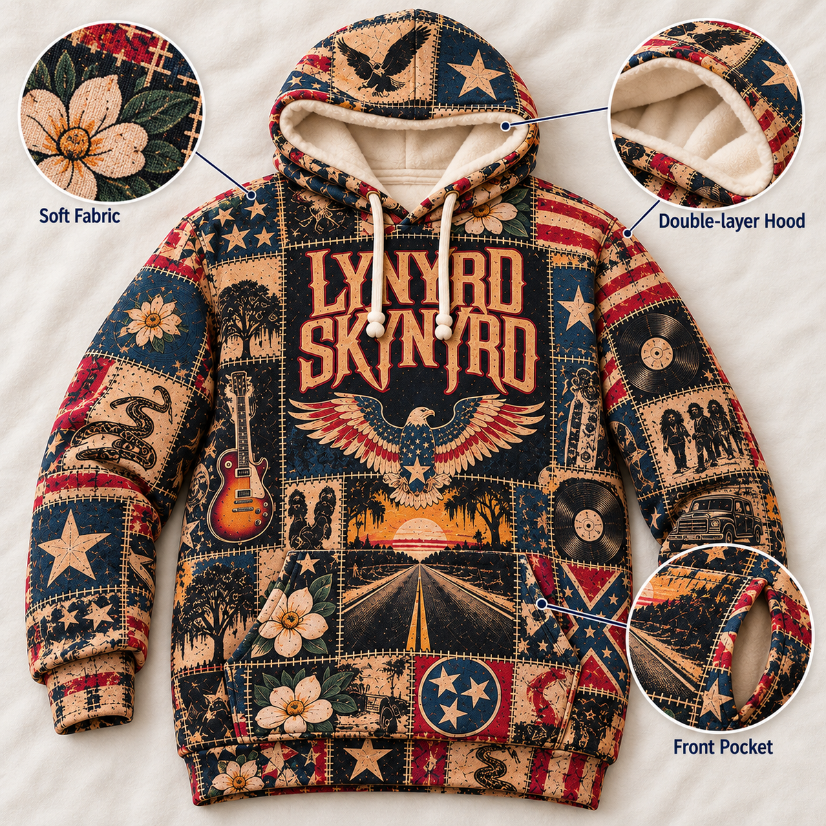 Lynyrd Skynyrd Patchwork Hoodie – Vintage Southern Rock Band Graphic Pullover, American Eagle & Free Bird Design, Retro Classic Rock Fan Gift, Unisex Sweatshirt