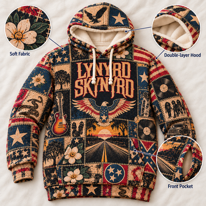 Lynyrd Skynyrd Patchwork Hoodie – Vintage Southern Rock Band Graphic Pullover, American Eagle & Free Bird Design, Retro Classic Rock Fan Gift, Unisex Sweatshirt