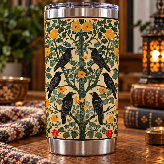 Vintage Crow in Floral Tree Pattern Tumbler - Antique Botanical Art Stainless Steel Drinkware