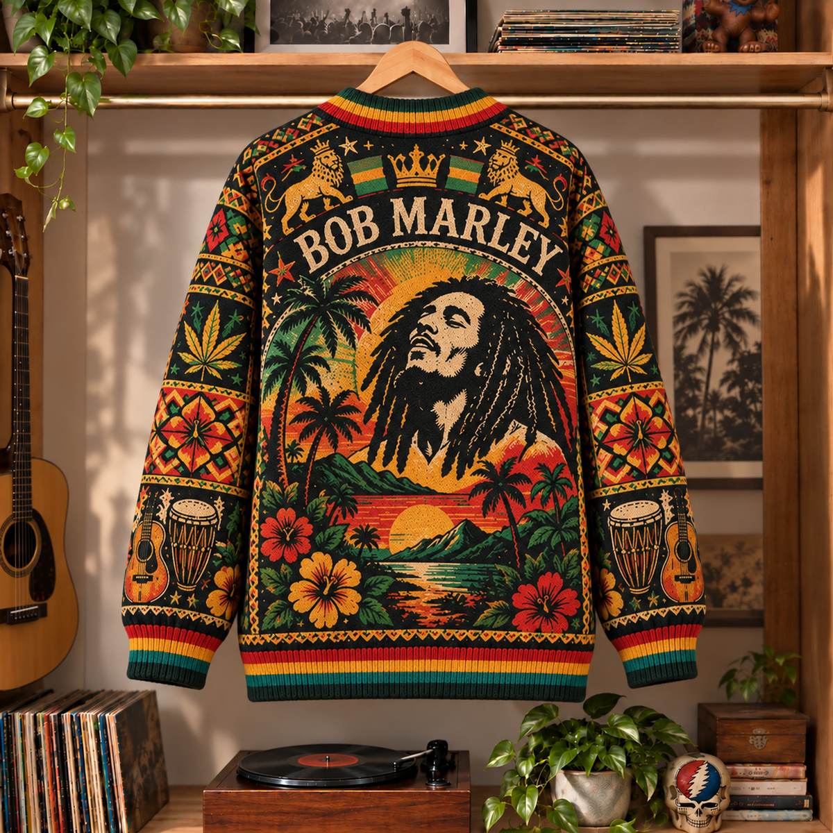 Bob Marley Retro Reggae Knit Cardigan - Vintage Style Rasta Singer Button Down Sweater, Unique Island Roots Rock Reggae Merchandise Fan Outfit