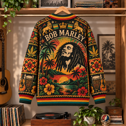Bob Marley Retro Reggae Knit Cardigan - Vintage Style Rasta Singer Button Down Sweater, Unique Island Roots Rock Reggae Merchandise Fan Outfit