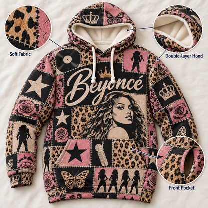 Beyoncé Patchwork Hoodie – Vintage Queen Bey Graphic Pullover, Pink Leopard Print Music Hoodie, Retro Pop R&B Fan Gift
