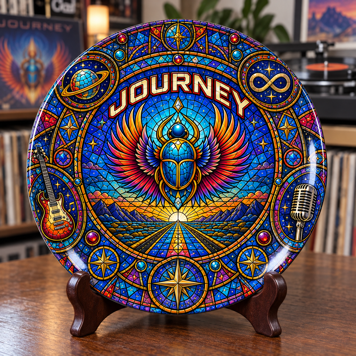 Journey Stained Glass Ceramic Plate - Decorative Wall & Table Display Dish, Scarab Beetle Don't Stop Believin' Rock Fan Gift
