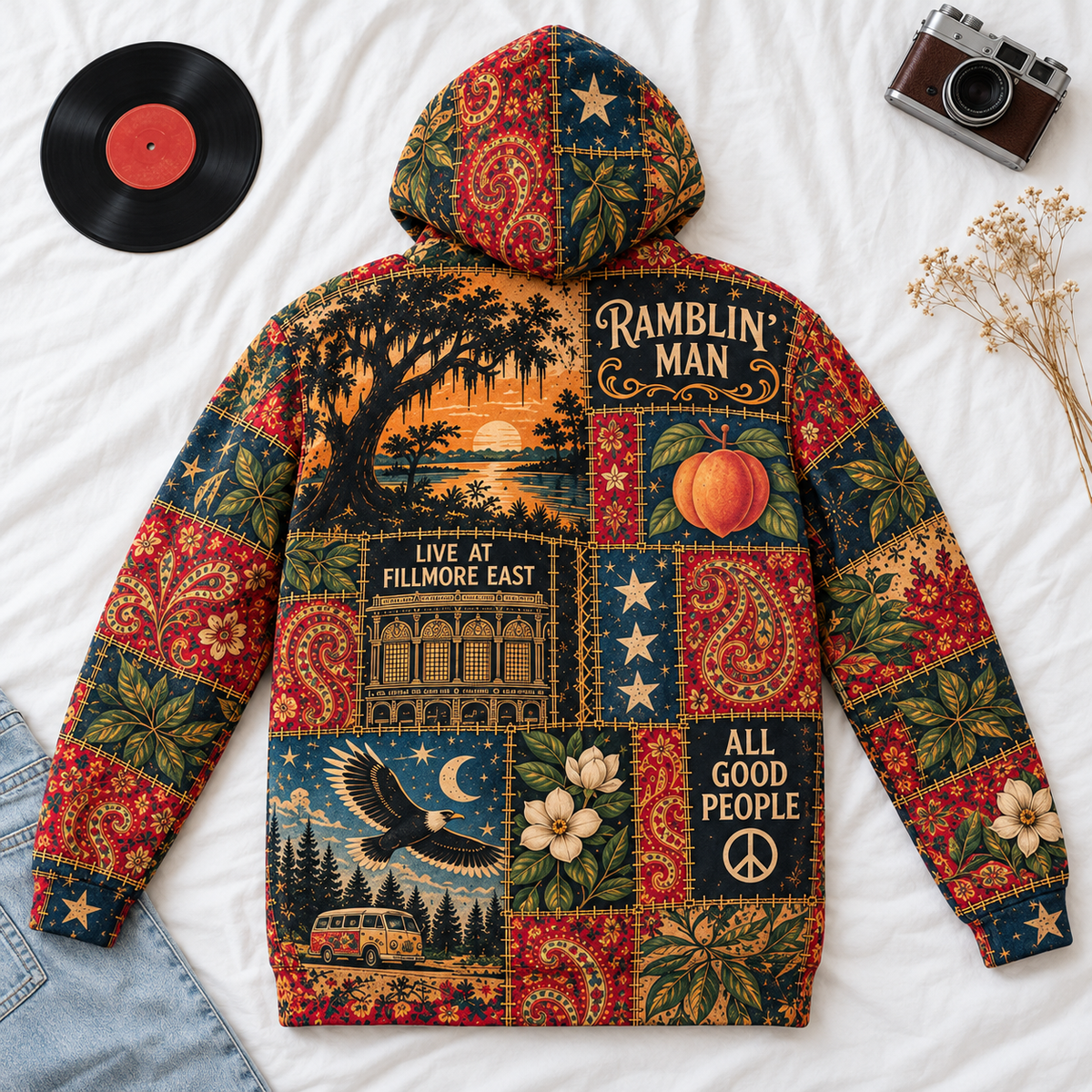 The Allman Brothers Band Patchwork Hoodie – Eat a Peach Vintage Southern Rock Pullover, Retro Floral Graphic Hoodie, Music Fan Gift