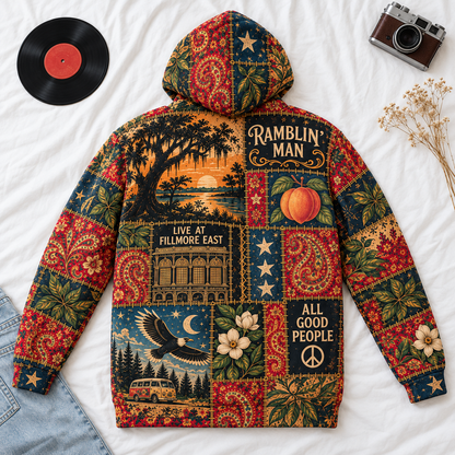 The Allman Brothers Band Patchwork Hoodie – Eat a Peach Vintage Southern Rock Pullover, Retro Floral Graphic Hoodie, Music Fan Gift