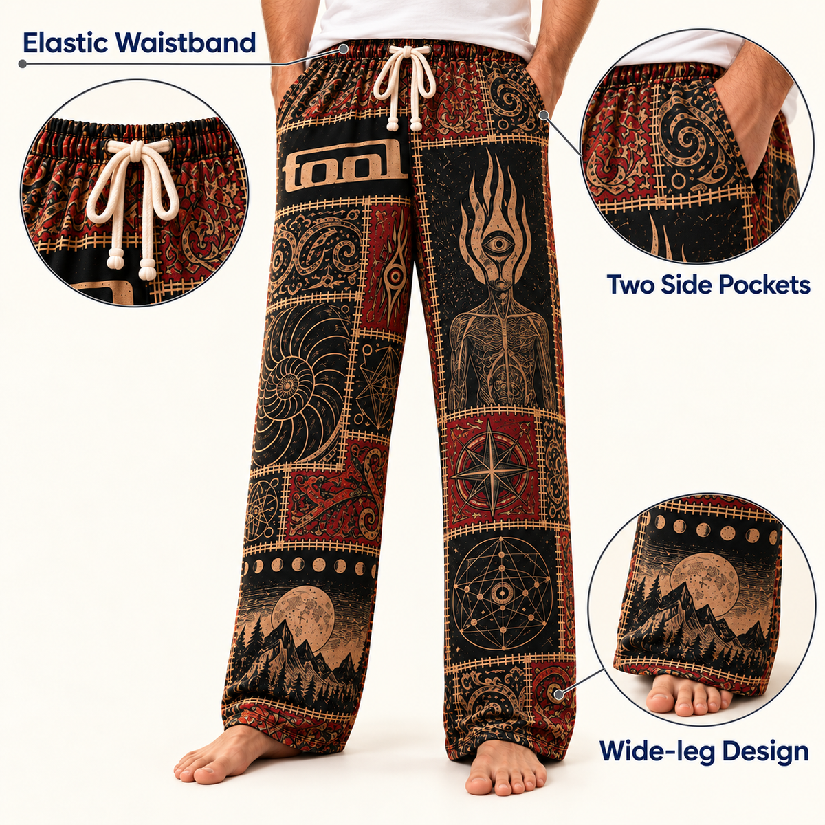 Tool Patchwork Pajama Pants - Vintage Progressive Metal Art Pants with Elastic Waistband, Adjustable Drawstring & Two Side Pockets