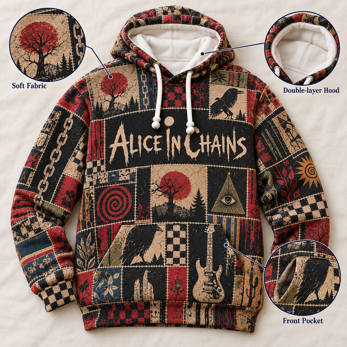 Alice In Chains Patchwork Hoodie – Vintage Grunge Rock Band Graphic Pullover, Retro Alternative Metal Music Fan Gift