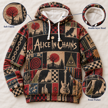 Alice In Chains Patchwork Hoodie – Vintage Grunge Rock Band Graphic Pullover, Retro Alternative Metal Music Fan Gift