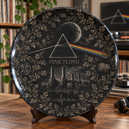 Pink Floyd Toile de Jouy Ceramic Plate - Decorative Wall & Table Display Dish, Blue Dark Side of the Moon Rock Fan Gift