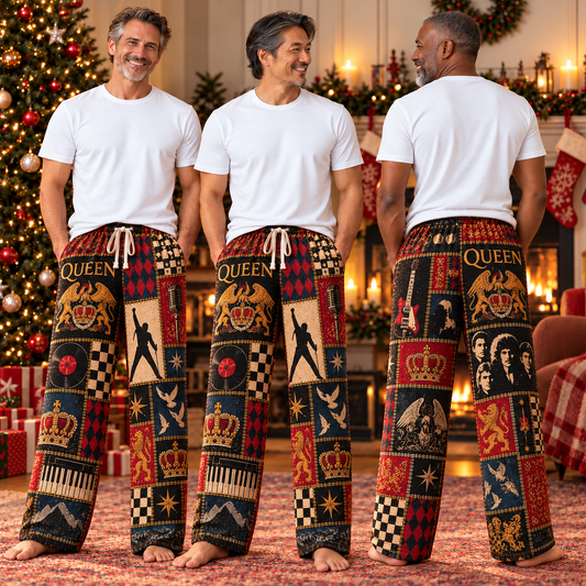 Queen Classic Rock Pajama Pants - Retro Patchwork Royal Crown, Vintage Microphone & Piano Key Sleepwear - Comfortable Pants for Music Fans & Collectors Gift