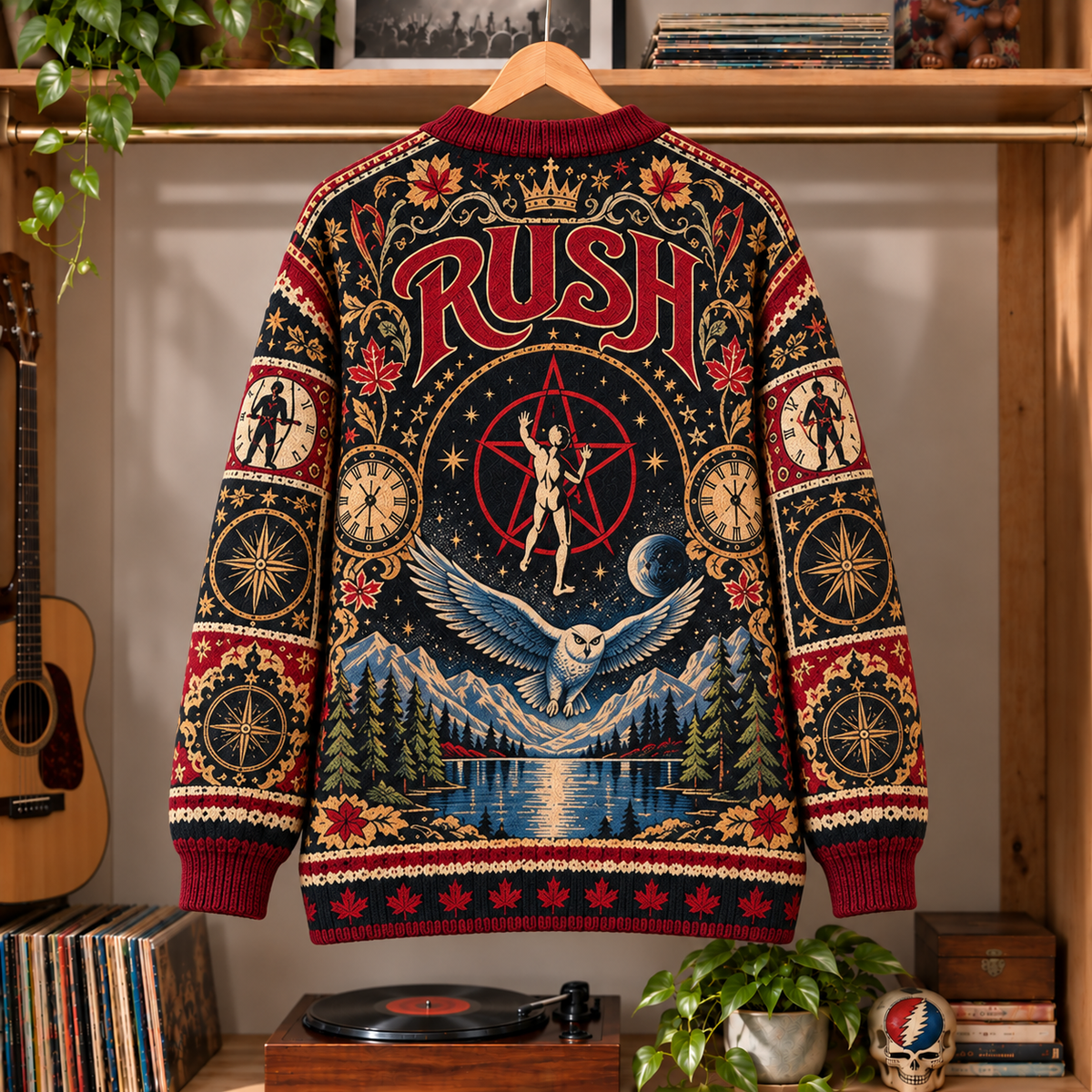 Rush Retro Rock Knit Cardigan - Vintage Style Prog Rock Button Down Sweater, Unique 2112 Fly By Night Band Merchandise Fan Outfit