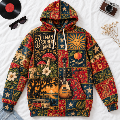 The Allman Brothers Band Patchwork Hoodie – Eat a Peach Vintage Southern Rock Pullover, Retro Floral Graphic Hoodie, Music Fan Gift