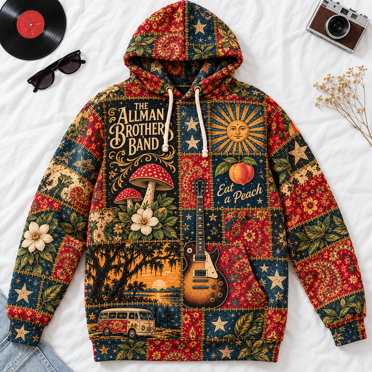 The Allman Brothers Band Patchwork Hoodie – Eat a Peach Vintage Southern Rock Pullover, Retro Floral Graphic Hoodie, Music Fan Gift