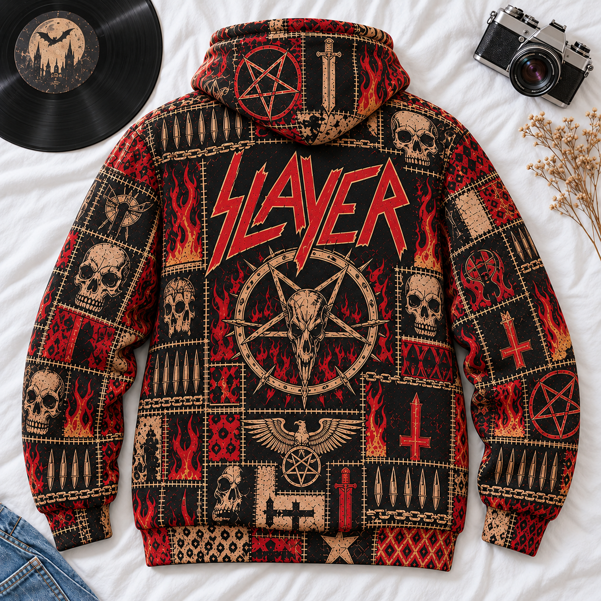 Slayer Patchwork Hoodie – Vintage Thrash Metal Graphic Pullover, Skull & Pentagram Design, Retro Heavy Metal Sweatshirt
